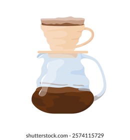 Pour-over and server set for filter coffee. Drip coffee brewing with vacuum coffee maker and filter seeping water. Flat vector illustration of pour over for website, banner or merchandise product