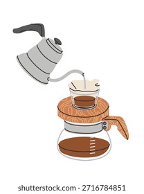 Pour-over-Setup. Essenzielle Kaffeebrühwerkzeuge. Minimalistische Vektorkunst.