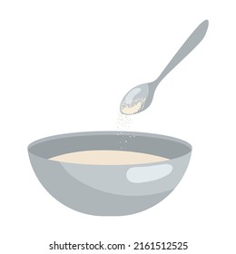 Pours sugar from a spoon. Process of cooking cake or pie cartoon illustration. Adding ingredients in bowl step by step. Preparation concept