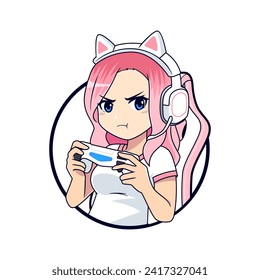 Pout face anime gamer girl esport gaming vector logo mascot