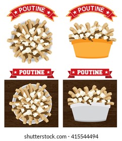 Poutine texto vetorial de ilustração de alimentos canadenses é versão esboço 10 Poutine é uma refeição de fast food canadense feita com molho de batata frita e queijo coalhada