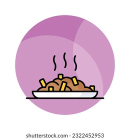 Poutine icon traditional quebec meal with french fries gravy and cheese curds, Vector illustration isolated on white background