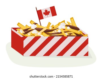 Poutine illustration. Canadian quebec quisine. French fries and cheese curds topped with a brown gravy dish in a box. Flat vector illustration