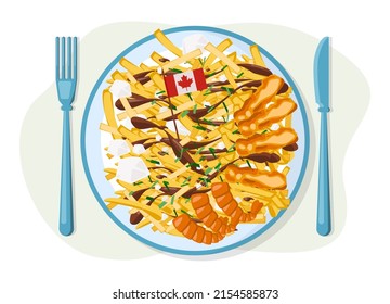 Poutine illustration. Canadian quebec quisine. French fries and cheese curds topped with a brown gravy dish on a plate. Flat vector illustration