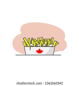 Poutine illustration. Traditional French Canadian food. French fries with gravy. Isolated on white background.  