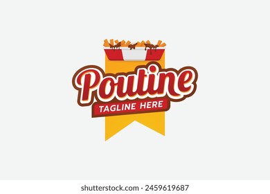 poutine logo with a combination of poutine dishes consisting of french fries and cheese flakes, and added with thick sauce. This logo is suitable for food trucks, cafes, restaurants, etc.