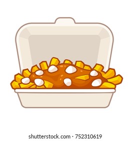 Poutine, traditional Canadian food, in takeout box. Potato french fries with gravy and cheese curds in takeaway container. Isolated vector illustration.