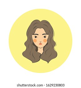 Pouting Face of Girl Cartoon Character with Wavy Hair and Yellow Circle Background