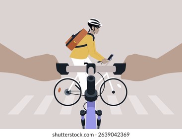 A POV of A cyclist, eager to cross, navigates through a lively intersection while holding a smartphone, The scene captures the thrill of urban biking and pedestrian interaction