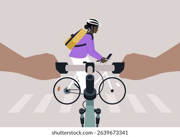 A POV of A cyclist, eager to cross, navigates through a lively intersection while holding a smartphone, The scene captures the thrill of urban biking and pedestrian interaction