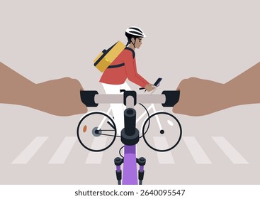 A POV of A cyclist, eager to cross, navigates through a lively intersection while holding a smartphone, The scene captures the thrill of urban biking and pedestrian interaction