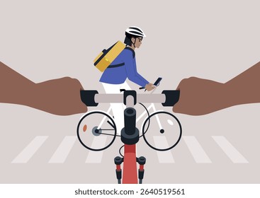 A POV of A cyclist, eager to cross, navigates through a lively intersection while holding a smartphone, The scene captures the thrill of urban biking and pedestrian interaction
