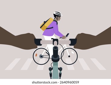 A POV of A cyclist, eager to cross, navigates through a lively intersection while holding a smartphone, The scene captures the thrill of urban biking and pedestrian interaction