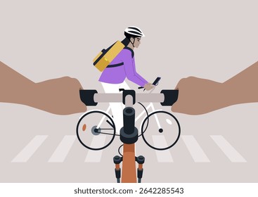 Um ponto de vista de um ciclista, ansioso para atravessar, navega através de uma interseção animada enquanto segura um smartphone, A cena captura a emoção da bicicleta urbana e da interação com pedestres