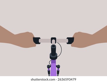 POV of Exploring the joy of cycling from an exhilarating bike perspective as the sun shines brightly on a tranquil path during a summer afternoon