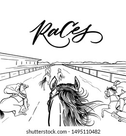 POV Hand Drawn Black And White Graphic: Horseback Riding Like Races For Your Design