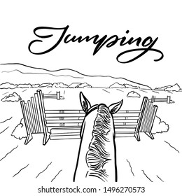 POV Hand Drawn Black And White Graphic: Horseback Riding Like Jumping  For Your Design