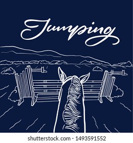 POV Hand Drawn Blue And White Graphic: Horseback Riding Like Jumping For Your Design