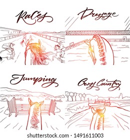 POV hand drawn gradient graphic: horseback riding like races, dressage, jumping and cross country for your design