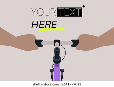 POV of Hands firmly gripping the handlebars of a colorful bike against a serene backdrop, Your text here copy space