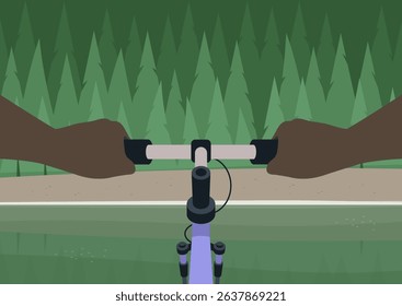 POV of Pedaling through lush greenery, hands gripping the handlebars, a peaceful forest unfolds ahead, inviting an exhilarating adventure surrounded by nature's beauty
