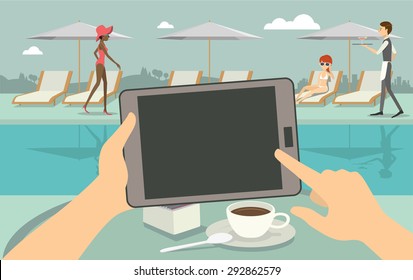 POV Of A Person Using Tablet At A Poolside