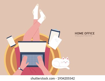 POV shot of a woman sitting on rug and working on laptop with cat sleeping by. Home office concept flat illustration design.