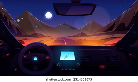 Pov view of car salon inside and sand desert landscape with road. Vehicle dashboard with gps navigator, wheel and Sahara landscape at night, vector cartoon illustration