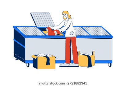 Pobreza ilustração vetorial 2D. Mergulho na lixeira. Questão social. Pobre mulher com roupas desgastadas olhando através do caixote do lixo para roupas de caráter plano isolado no branco. Imagem colorida em desenho animado
