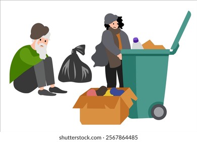 Poverty. Beggar man and woman near the garbage can. Vector simple color flat illustration.