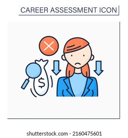 Poverty Color Icon. Low Salary. Lost Money Due To Low Motivation And Productivity. Empty Money Bag. Career Assessment Concept. Isolated Vector Illustration