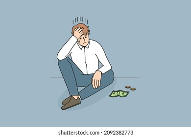 Poverty and financial crisis concept. Sad stressed disappointed businessman sitting and looking at little money cash and coins feeling unhappy vector illustration 