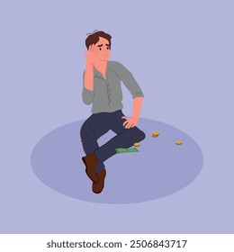 Poverty and financial crisis concept. Sad stressed disappointed businessman sitting and looking at little money cash and coins feeling unhappy vector illustration.