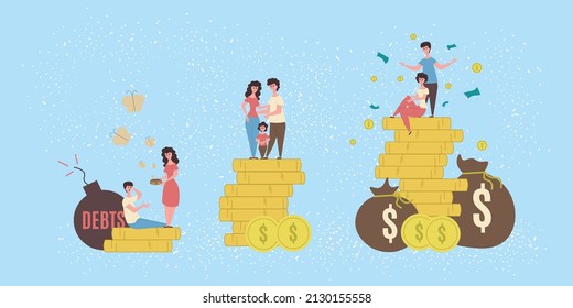 Poverty flat colored composition three different situations couple with little money middle class family of three and rich couple vector illustration