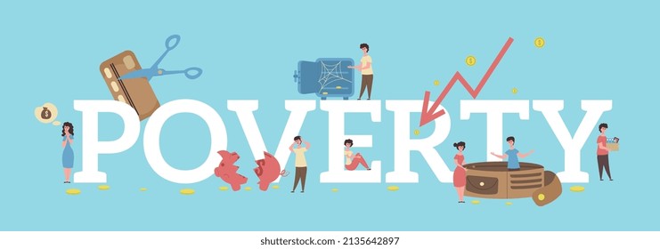 Poverty flat concept with big headline and attributes of poverty and wealth vector illustration
