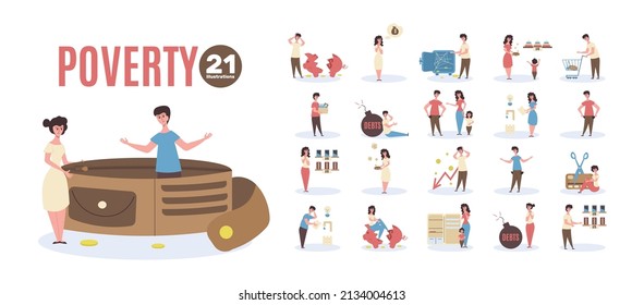 Poverty Flat Icon Set Lack Of Money Empty Piggy Bank Empty Pockets Inability To Pay Utility Bills Empty Refrigerator Vector Illustration