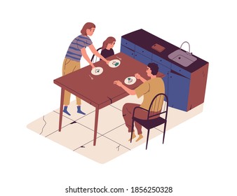 Poverty And Food Shortage Concept. Poor Family Taking Meal At Dining Table In Old Broken Kitchen. Sad Hungry People With Little Food On Plates. Flat Vector Illustration Isolated On White Background