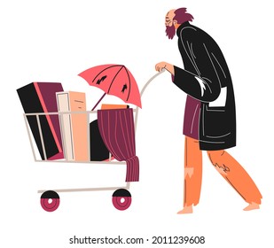 Poverty and homelessness, isolated male character pushing trolley with personal belongings in boxes with umbrella. Homeless personage, poor man lost job. Needy refugee character. Vector in flat style