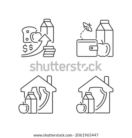 Poverty and hunger linear icons set. Increased prices. Food insecurity. Household nutrition security. Customizable thin line contour symbols. Isolated vector outline illustrations. Editable stroke