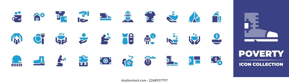 Poverty icon collection. Duotone color. Vector illustration. Containing poverty, no home, clothes, alms, sneakers, homeless, tshirt, beggar, tent, food, no poverty, hunger, food donation, poor, hat.