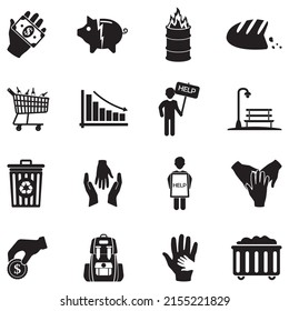 Poverty Icons. Black Flat Design. Vector Illustration.