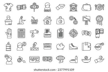 Poverty icons set outline vector. Charity donate help. Worker people social