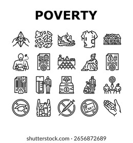 pobreza desigualdade desemprego ícones definir vetor. sem-teto fome, educação, saúde, ajuda ao desenvolvimento, empoderamento, disparidade pobreza desigualdade desemprego contorno preto ilustrações