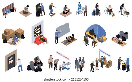 Poverty isometric icons set of begging paupers disabled needed in medical care homeless refugees voulonteers distributing goods isolated vector illustration