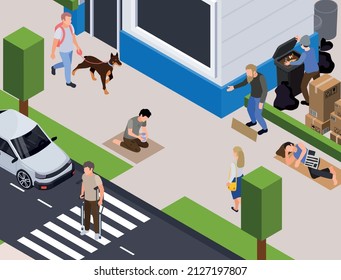 Poverty isometric urban background with homeless and begging paupers people on city street 3d vector illustration