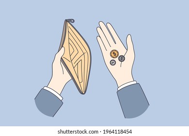 Poverty, little budget concept. Top view of human hands holding purse with few coins little money small budget for living vector illustration 