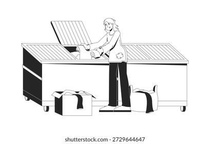 Ilustração do esboço da pobreza. Mergulho em lixeiras. Questão social. Pobre mulher com roupas gastas olhando através do lixo para roupas 2D linha personagem isolado. Imagem linear de tinta vetorial monocromática