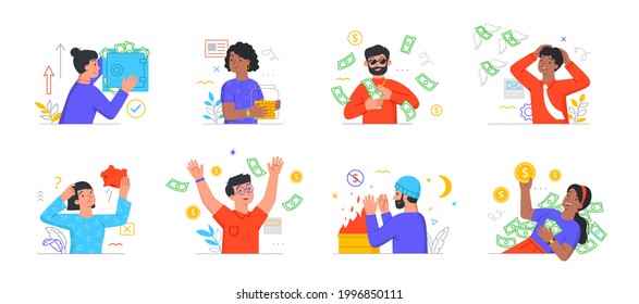 Poverty and richness concept. Diverse men and women spend, save, waste money. Rich and poor people with banknotes, coins. Set of minimal style flat cartoon vector illustrations. Abstract metaphor