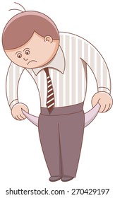 Poverty. Sad man turned the empty pockets. Illustration in vector format