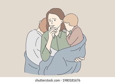 Poverty, single mother, troubles concept. Young sad unhappy mother woman cartoon character with two children standing feeling upset having no enough money for food and living 